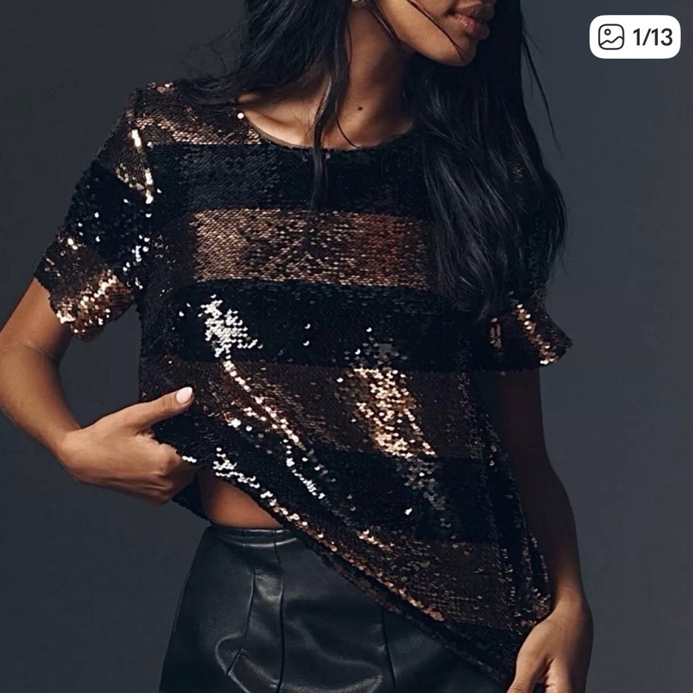 NWT Maeve Black and Gold Sequin Top - Sz Petite XS
